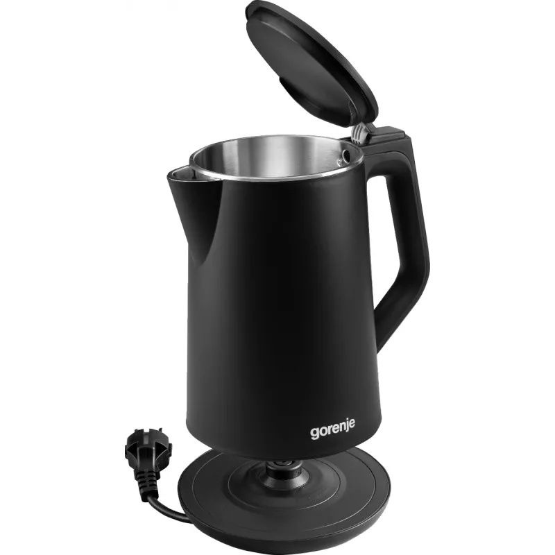 Chaleira elétrica Gorenje K15DWBK – 1,5 L, 2200 W, preta, controlo por botões, base 360°