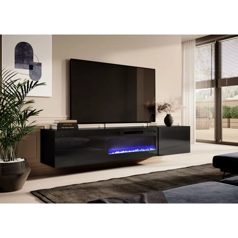 Móvel de TV Cama Meble SLIDE 200K com lareira elétrica 200×40×37 cm preto brilhante, portas em MDF, corpo em aglomerado