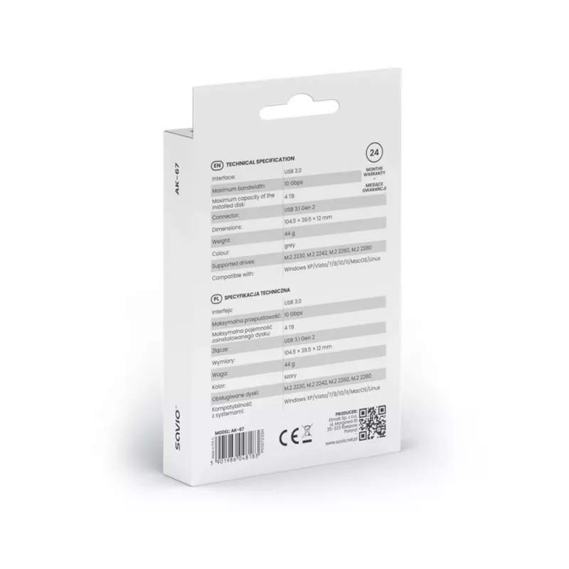 Caixa para SSD M.2 SAVIO AK-67 cinzento, USB 10 Gbit/s, suporte para uma unidade M.2