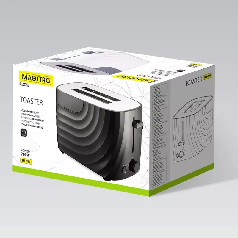 Torradeira Maestro MR-706 preta, torradeira compacta de 2 fatias preta