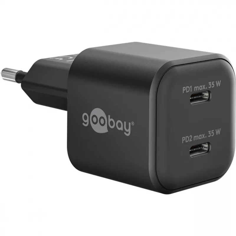 Carregador de parede GOOBAY 75333 — carregador universal AC-USB-C para interiores, 2x USB-C, 35 W, preto