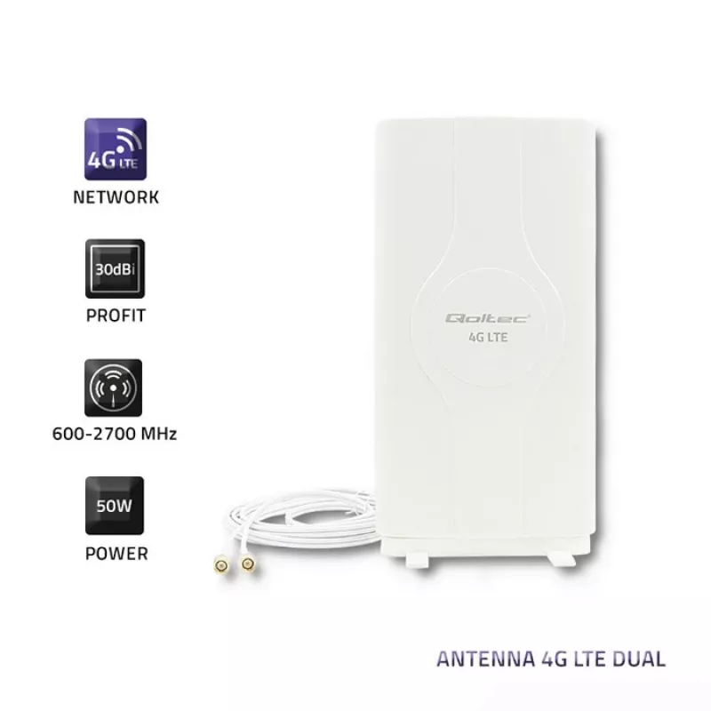 Qoltec 57013 antena omnidirecional 4G LTE de interior, 2x SMA, 0,6-2,7 GHz, 30 dBi, polarização vertical, 50 Ω, ABS branco