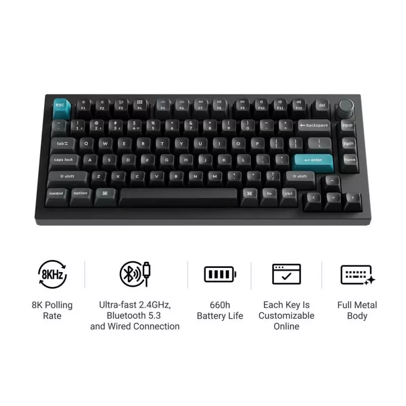 Teclado mecânico 75% Keychron Q1 Ultra 8K – USB + RF sem fios + Bluetooth, RGB, preto