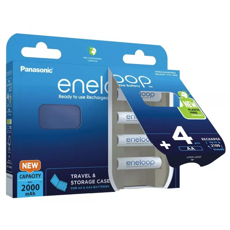 Pilhas recarregáveis PANASONIC ENELOOP AA 2000 mAh 4 unid. + estojo (BK-3MCDE/4CP+CASE)