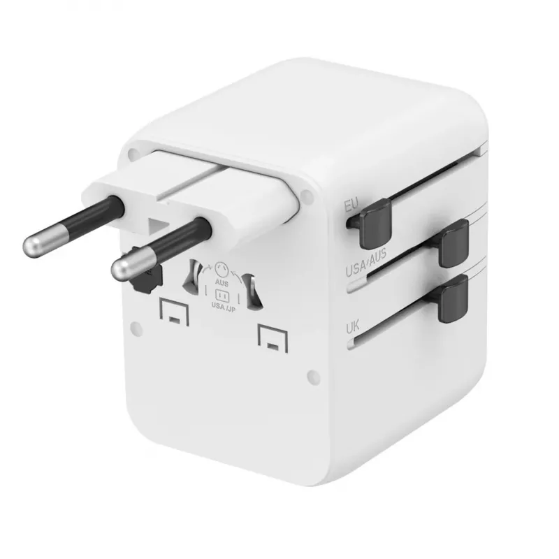 Fonte de alimentação de viagem GEMBIRD TPA-1A2C20-01-W — 20 W, USB-A (18 W) + 2× USB-C (20 W), ficha tipo E, branco