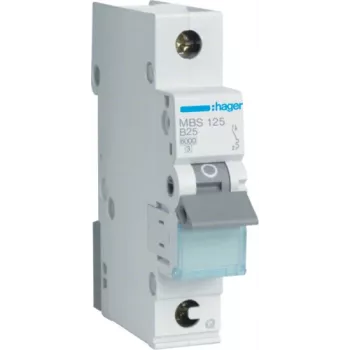 Hager MBS125. Corrente nominal: 25 A. Tipo: característica B, número de módulos (máx.): 1 módulo(s). Largura: 17,5 mm, profundidade: 70 mm, altura: 83,4 mm (MBS125)