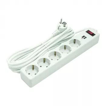 Extensão elétrica doméstica 5 m, 5 tomadas, 2xUSB, com interruptor