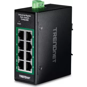 Switch mini industrial TRENDnet 8 portas Gigabit PoE+ calha DIN (TI-PGLC80)