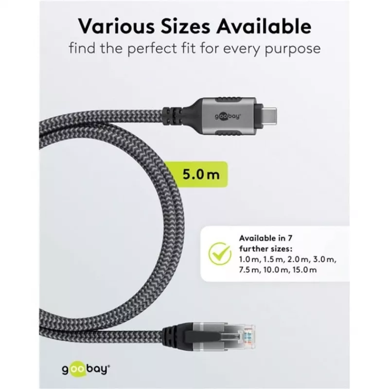 Goobay 70752 cabo Ethernet de USB-C 3.1 para RJ45, Cat6 F/UTP, 5 m, preto/prateado