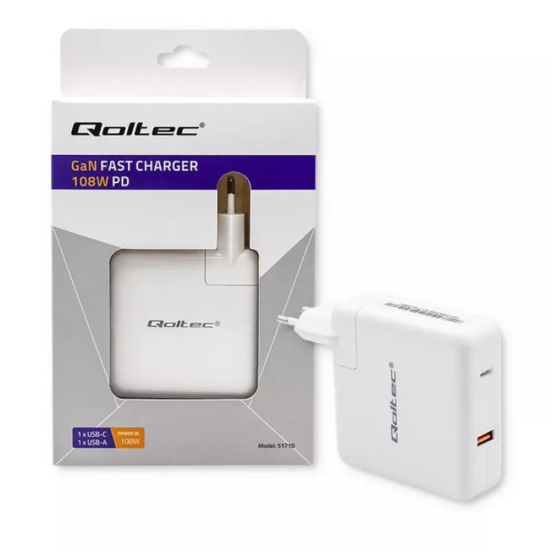 Carregador GaN Qoltec FAST 108W | 5-20V | 3-4.7A | USB C | branco