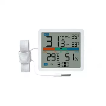 Termómetro-higrómetro MANTA MTO002W com sensor exterior (150 cm), interior 0–+50 °C, exterior -40–+70 °C, humidade do ar 20–95% RH, indicador de conforto, relógio