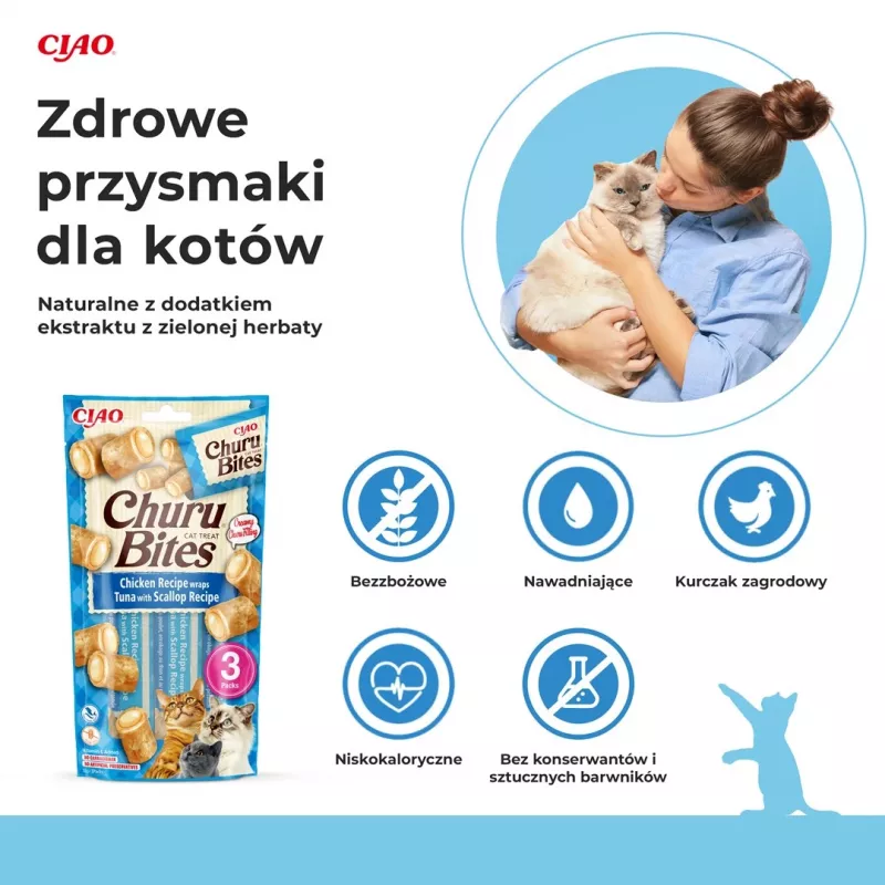 INABA Churu Bites frango com atum e vieiras - guloseima para gatos - 3x10 g