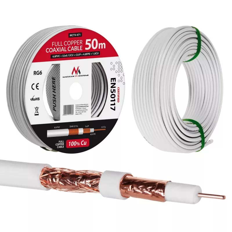 Cabo coaxial Maclean MCTV-471 RG-6/U 50 m branco