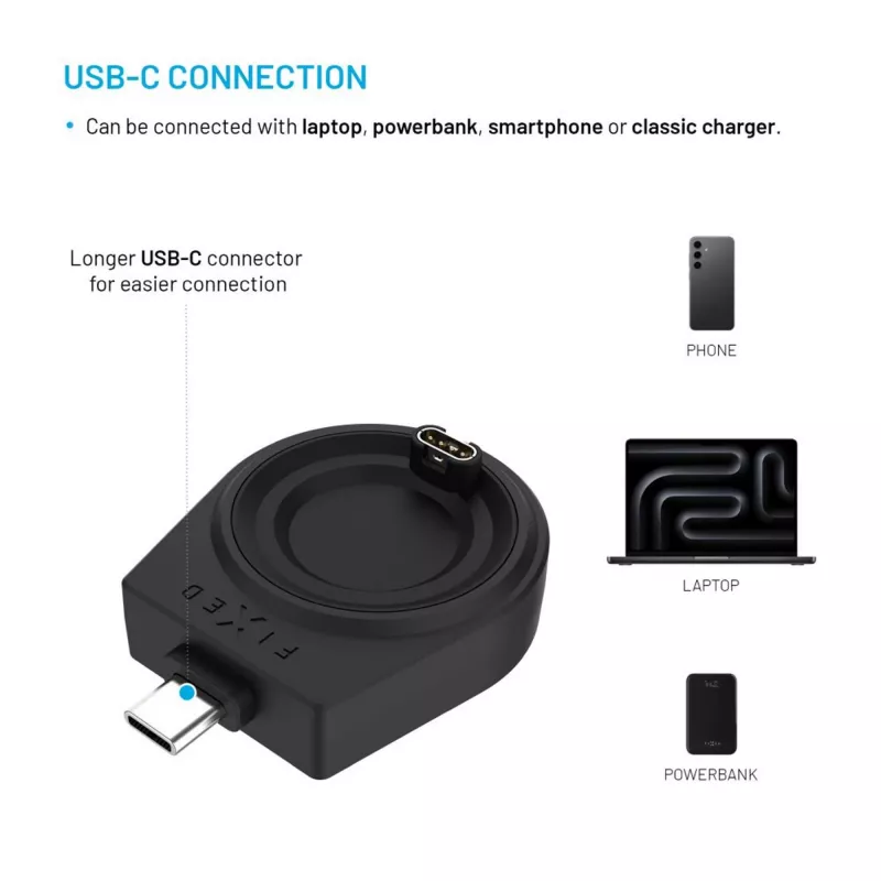 Adaptador de carregamento USB-C FIXED para Garmin Fenix/Epix/Venu/Vívoactive – modelos compatíveis listados