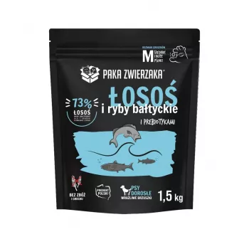 Ração seca para cães PAKA ZWIERZAKA Salmão com peixe do Báltico M — ração de manutenção para cães adultos, 1,5 kg, sem cereais, 29 % proteína