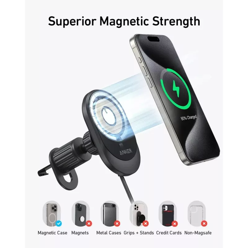 Carregador de automóvel magnético sem fios Anker MagGo 15W — Carregamento rápido magnético Qi de 15W para smartphones, preto