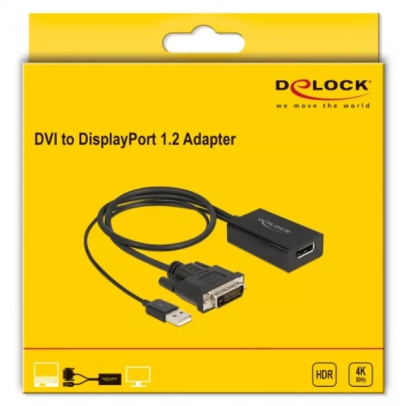 Delock - Cabo adaptador - DVI-D, USB (apenas alimentação) (M) para DisplayPort (F) - DisplayPort 1,2 - 50 cm - Suporte de 4K 30 Hz - Preto (63189)