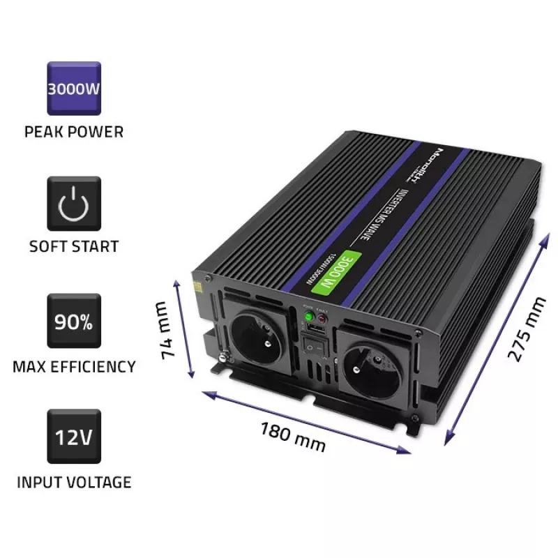 Inversor QOLTEC Monolith 3000 MS Wave, 12V→230V, 1500/3000W, com USB