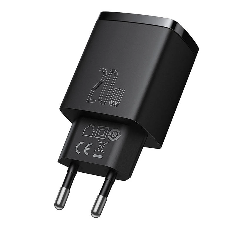 Carregador rápido USB de interior Baseus CCXJ-B01 – 2 portas (USB-C PD 20W + USB-A QC3.0 18W), 100–240 V, preto