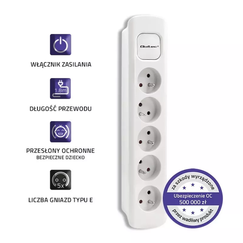 Extensão de energia Qoltec 50276 1,8 m 5 tomadas AC Interior Branco