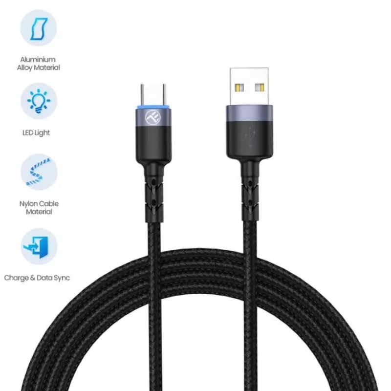 Cabo de dados Tellur USB para Type-C LED trançado em nylon 1,2 m preto