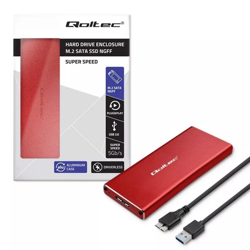 Caixa para SSD QOLTEC 51831 USB 3.0 para unidades M.2 SATA até 2 TB, vermelha, suporta 30 mm de comprimento, até 4 unidades