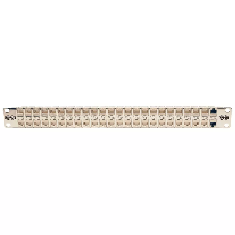 Tripp N254-048-SH-6A 48 portas 1 U montagem em rack patch panel Cat6a STP blindado pass-through - RJ45 Ethernet - TAA - 10 Gigabit Ethernet - RJ-45 - Cat6a - prateado - branco - instalação em rack