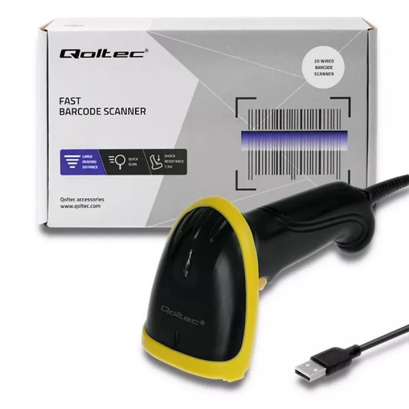 Qoltec 50867 leitor laser de códigos de barras 1D/2D, USB, preto