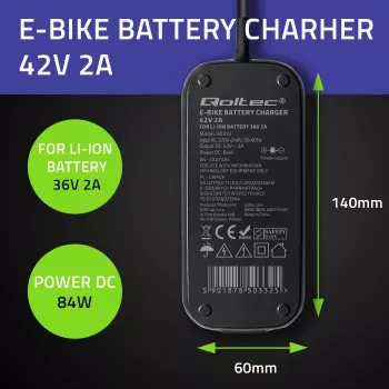 Carregador para e-bike QOLTEC 50332 — saída 36V/42V, 2A, ficha 5,5×2,1 mm