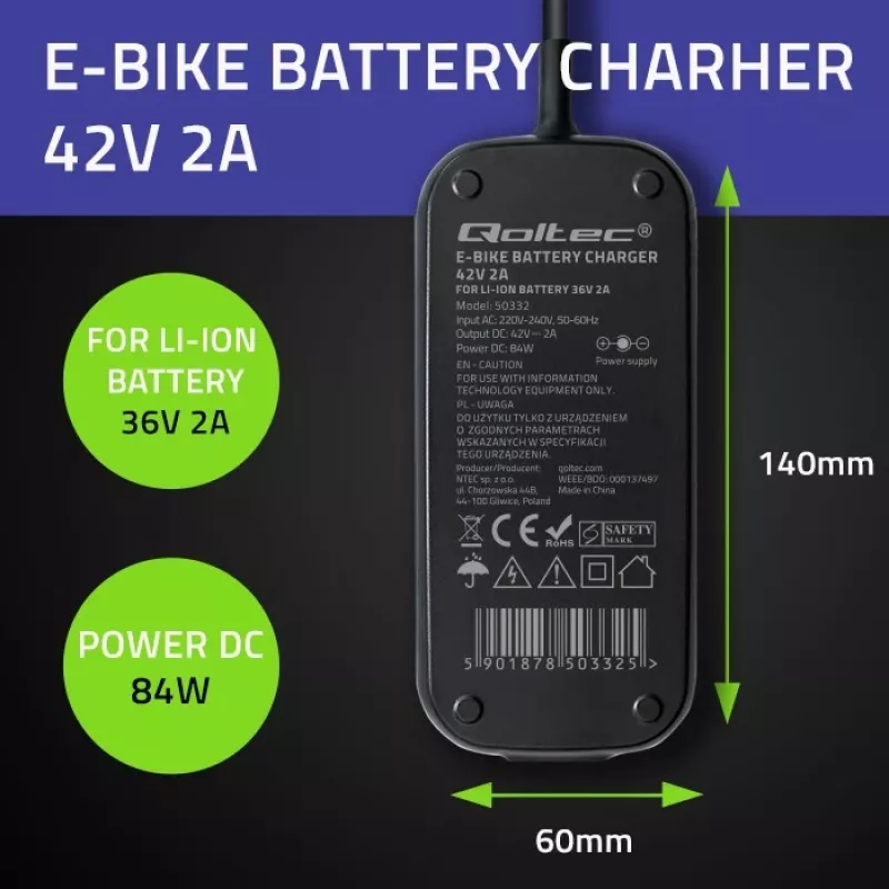 Carregador para e-bike QOLTEC 50332 — saída 36V/42V, 2A, ficha 5,5×2,1 mm