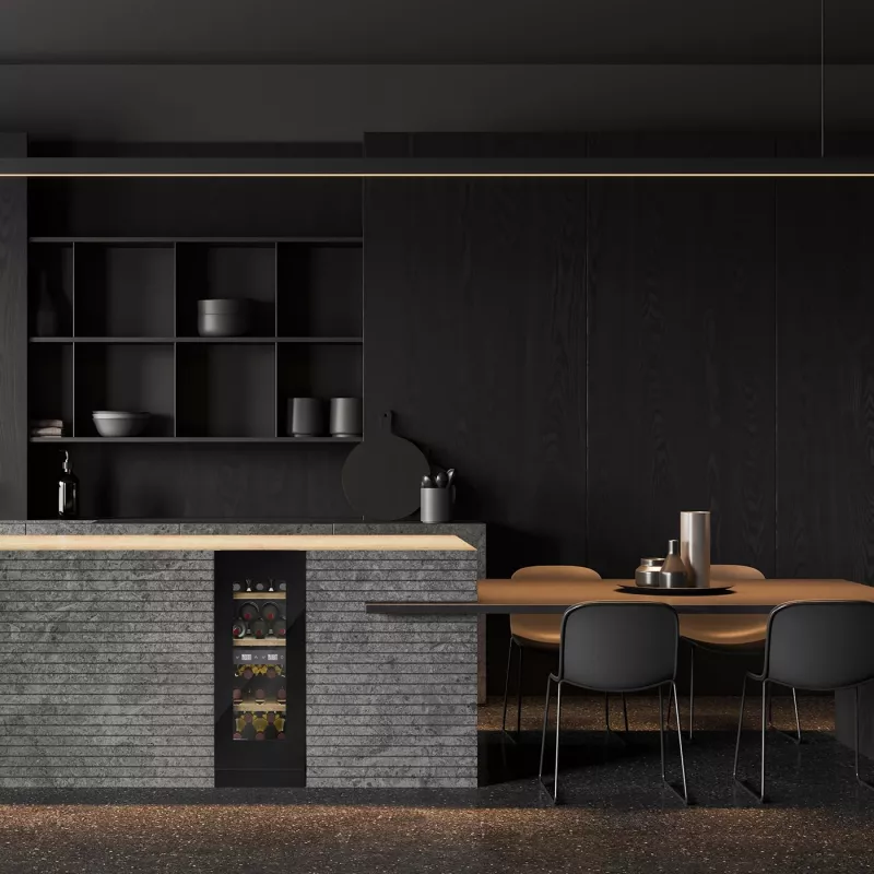 Frigorífico de vinho de encastre Caso WineDeluxe WDU 18 – capacidade para 18 garrafas, classe de eficiência energética E, preto