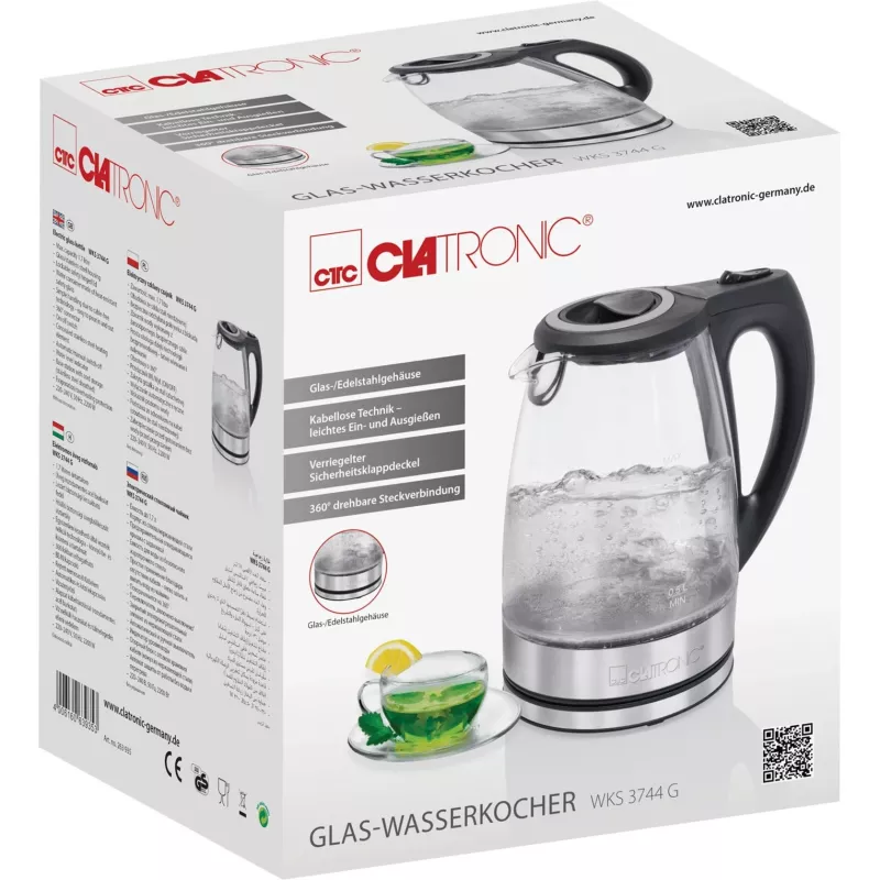 Chaleira elétrica CLATRONIC WKS 3744 G — 1,7 L, 2200 W, aço inoxidável/plástico, indicador de nível de água