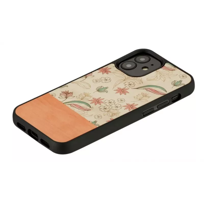 Capa protetora Man and Wood para iPhone 12 mini — flor rosa sobre preto