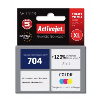 Cartucho de tinta ActiveJet AH-704CR compatível com HP 704, XL alto rendimento, cor (ciano/magenta/amarelo), 21 ml, recondicionado Premium