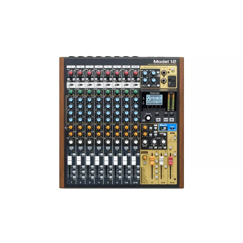Tascam Model 12 mesa de mistura de 10 canais com gravador de 12 pistas, 20–20000 Hz, preto/madeira