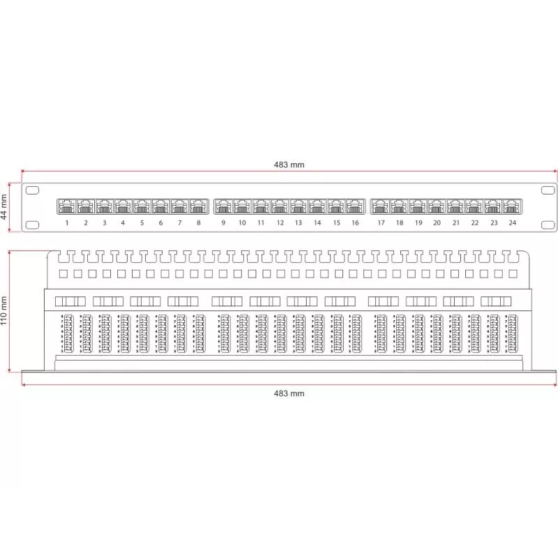 Alantec PK013 patch panel 19" 1U, 24x RJ-45, Cat5e UTP, LSA, com prateleira, preto