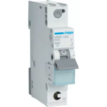 Hager MBS106. Corrente nominal: 6 A, frequência de rede: 50/60 Hz. Tipo: tipo B, número de módulos (máx.): 1 módulo(s). Largura: 17,5 mm, profundidade: 70 mm, altura: 83,4 mm (MBS106)