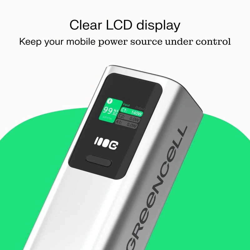 Bateria portátil Green Cell PBGC25UD, 25200 mAh, Li-Ion, 140 W de potência total, 2× USB-C + 1× USB-A, ecrã OLED, caixa em alumínio