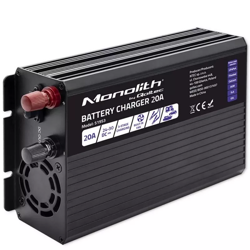 Carregador de baterias inteligente Qoltec Smart Monolith para baterias LiFePO4 AGM GEL SLA | 20A | 24V