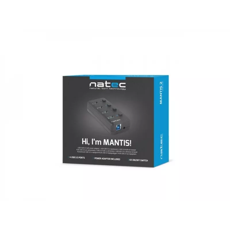 Natec Mantis 2 NHU-1557 hub USB 3.0 de 4 portas, entrada USB Type-B, interruptores ligar/desligar, adaptador de corrente, preto