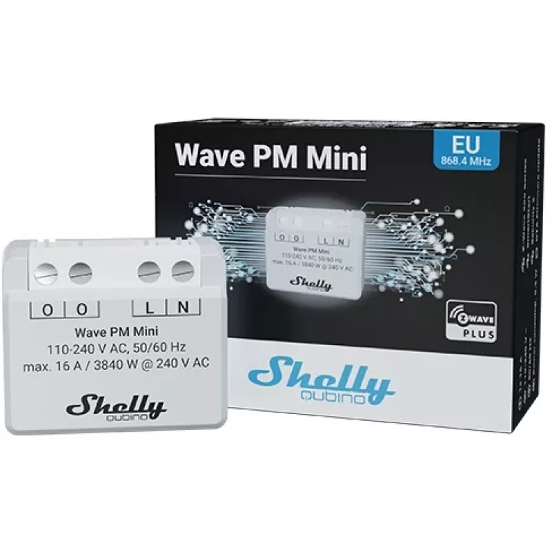 Interruptor inteligente Shelly Qubino Wave PM Mini, 1 canal, de encastrar, Z-Wave, sem fios, 110–240 V AC / 24–30 V DC, cinzento