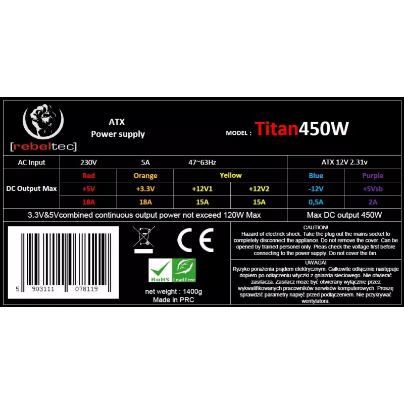 Fonte de alimentação ATX ver2.31 TITAN 450W
