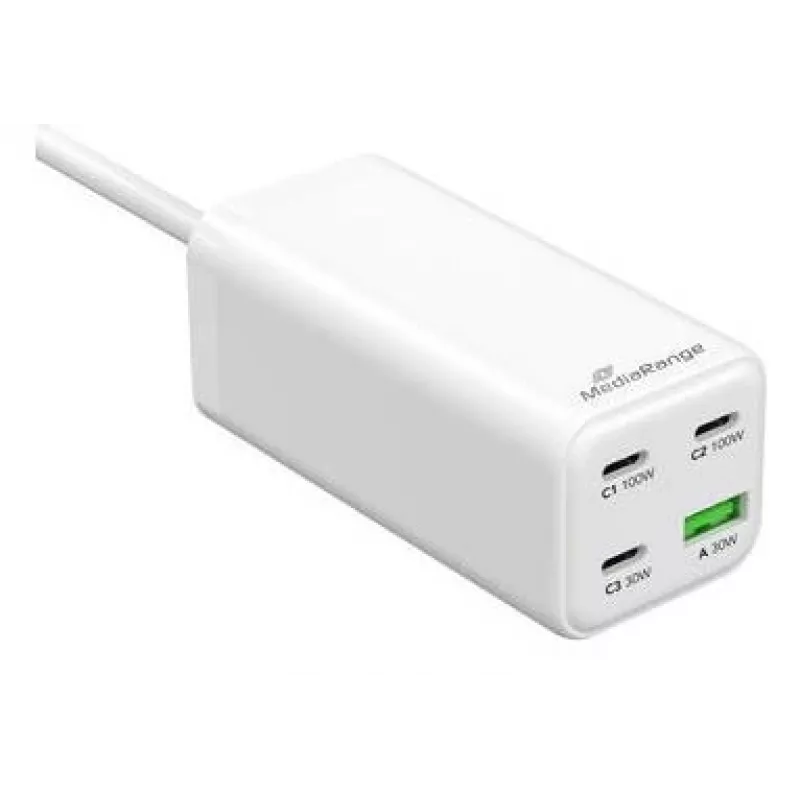 Carregador móvel MediaRange MRMA124 100W AC, 3x USB-C, entrada 100–240V, cabo de 1,5 m, branco