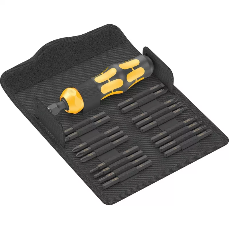 Wera 05018110001 Kraftform Kompakt 900 Set 1 conjunto de chaves de fendas com chave de fendas de impacto e pontas, 19 peças, 1/4", preto/amarelo