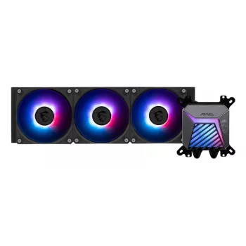 Refrigeração líquida all-in-one MSI MAG Coreliquid A15 360 — 3 ventoinhas de 120 mm, radiador 394 x 120 x 27 mm, bomba 5V, RGB, compatível com LGA 1851