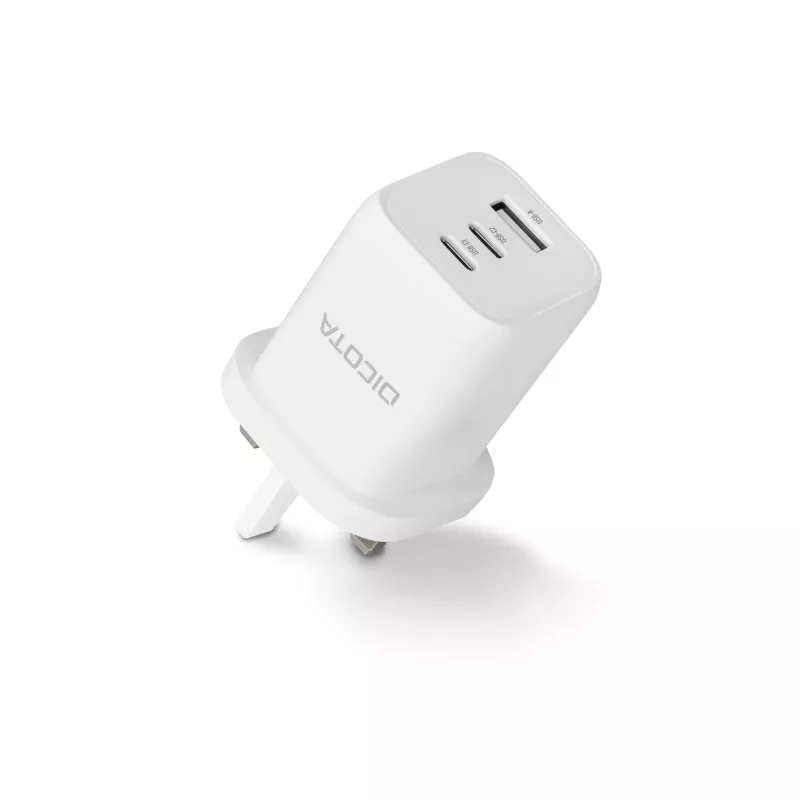 Fonte de alimentação Dicota - compacta, GaN - 65 Watt - 5 A - PD 3.0 - 3 portas de saída (2 x USB-C, USB)