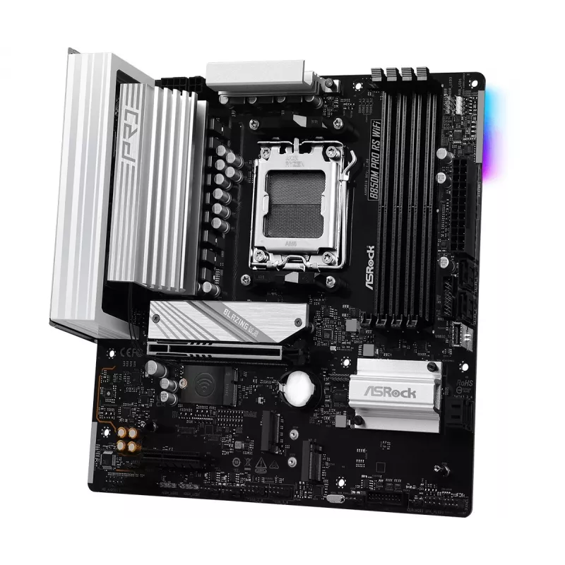 Placa-mãe ASRock B850M Pro RS WiFi — AMD B850, socket AM5, microATX, DDR5, 4 DIMM, 256GB, Wi‑Fi 6E, 2.5Gb LAN, 3x M.2