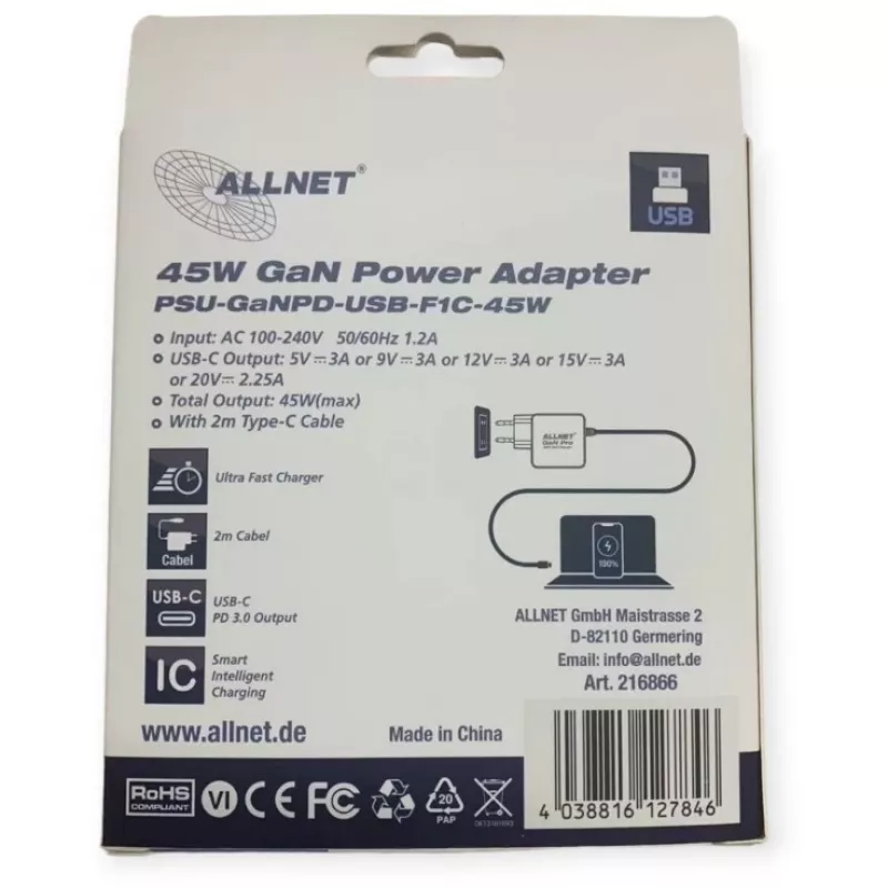 Fonte de alimentação ALLNET PSU-GaNPD-USB-F1C-45W carregador USB-C PD 45W com cabo de 2 m e ficha EU