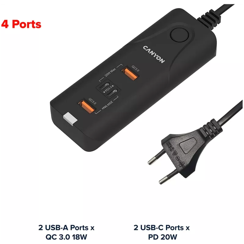 Carregador CANYON H-10 PD 20W QC 3.0 18W 2USB-A 2USB-C de mesa preto