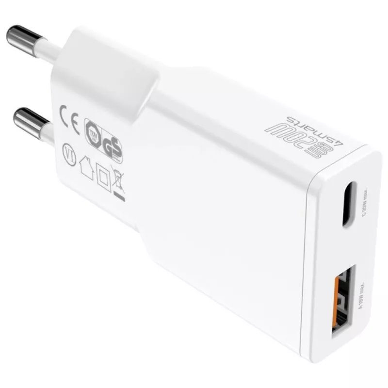 Carregador de dispositivo móvel interior AC 4smarts 541509 — 100–240V, USB-A + USB-C, cabo de 1,5 m, carregamento rápido, branco